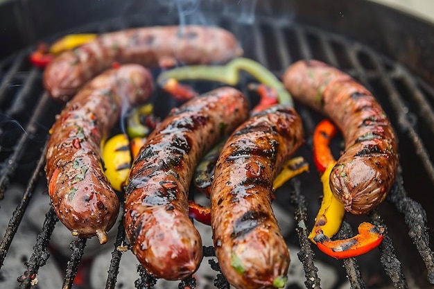 Warzywa i kiełbaski grillowane na gorącym węglu drzewnym