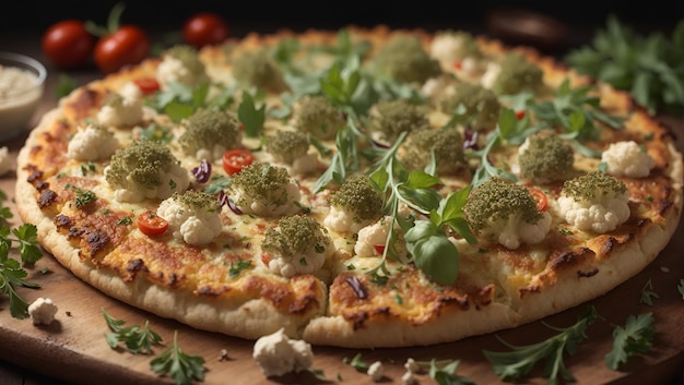 Warzywa i zioła na wierzchu świeżo upieczonej kalafiorowej pizzy z odrobiną parmezanu
