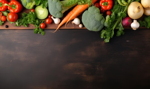 Warzywa na czarnym tle drewna Baner wegetariańskiej żywności organicznej Składnik do gotowania marchewka pomidory ogórek papryka brokuły cebula widok z góry miejsce na kopię utworzono za pomocą generatywnych narzędzi AI