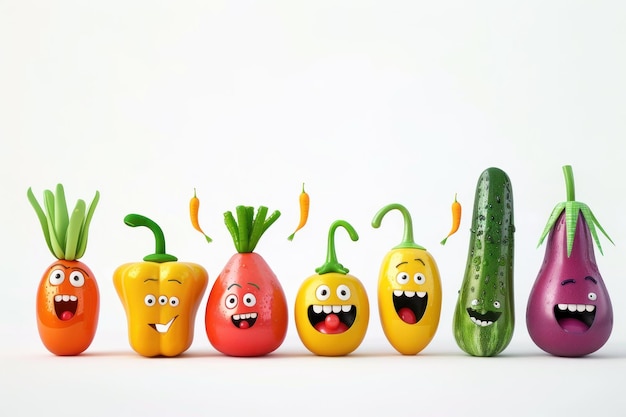 Zdjęcie warzywa z zabawnymi twarzami w rzędzie na białym tle