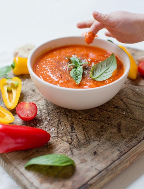 Warzywna wegańska czerwona zupa z pomidorami, papryką, czosnkiem i bazylią Degustacja zupy warzywnej dla dzieci