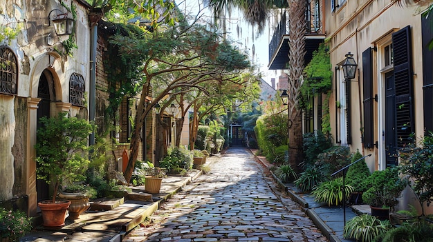Wąska brukowana ulica w historycznym południowym mieście jest wyłożona starymi ceglanymi budynkami i bujną zielenią