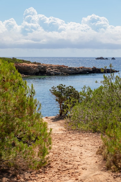 Wąska ścieżka do ukrytej plaży na wyspie Ibiza Baleary Hiszpania zdjęcie pionowe