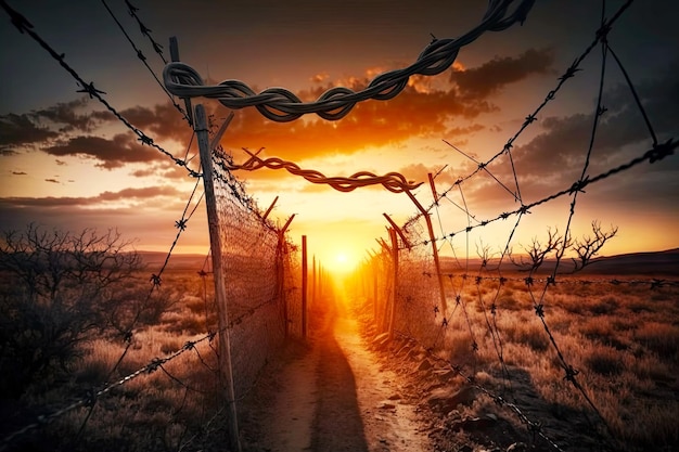 Zdjęcie wąska ścieżka ze skręconym drutem kolczastym na tle generatywnego ai nieba o zachodzie słońca