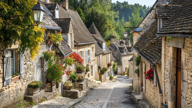 Wąska ulica w małej francuskiej wiosce. Domy są z kamienia i mają strome dachy.