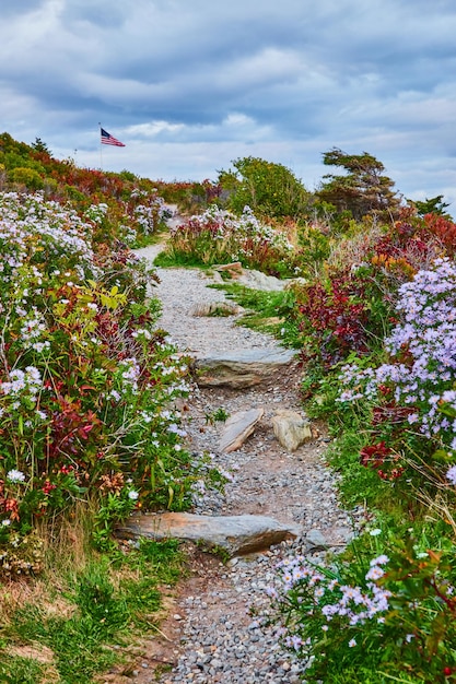 Wąska żwirowa ścieżka spacerowa w Maine otoczona kwiatami i amerykańską flagą w oddali