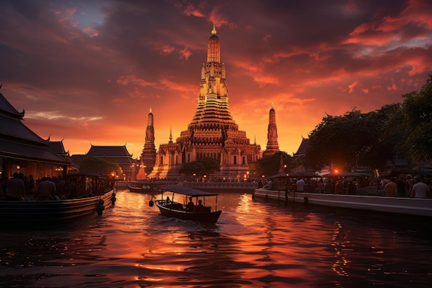 Wat Temple Arun nocą nad brzegiem rzeki Chao Phraya generującej IA