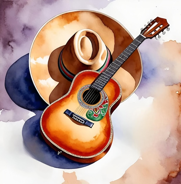 Zdjęcie watercolor painting of a mexican hat and guitar