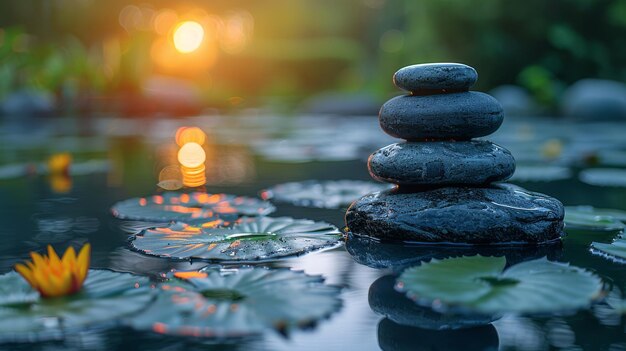 Waterlily and Spa Stones in Lake At Sunset Zen Concept (Lilijna wodna i kamienie spa w jeziorze przy zachodzie słońca)