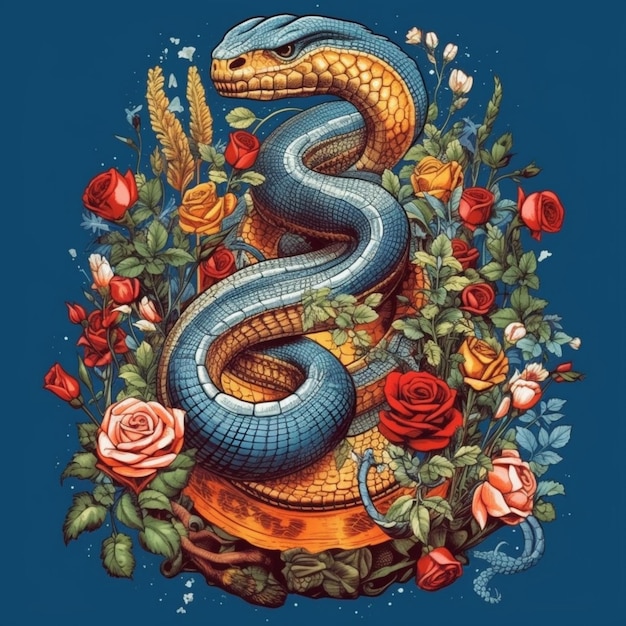Zdjęcie wąż i róże na niebieskim tle z niebieskim tłem generatywnym ai