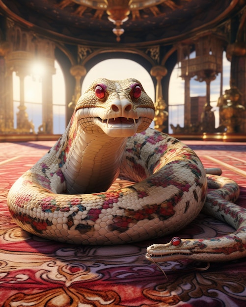 Wąż węży siedzący na podłodze pałacu z głową wygenerowaną przez sztuczną inteligencję