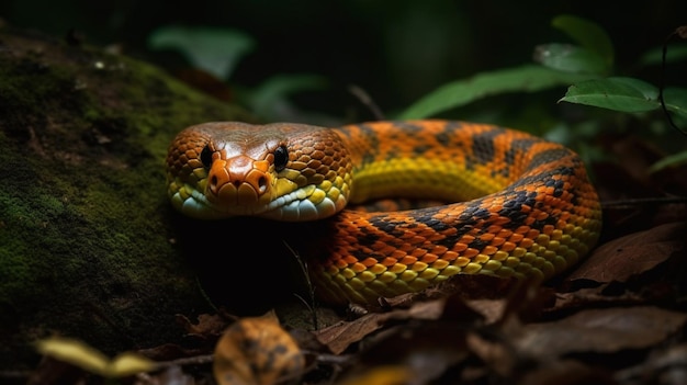 Wąż z czerwoną głową i żółtą głową jest otoczony liśćmi.