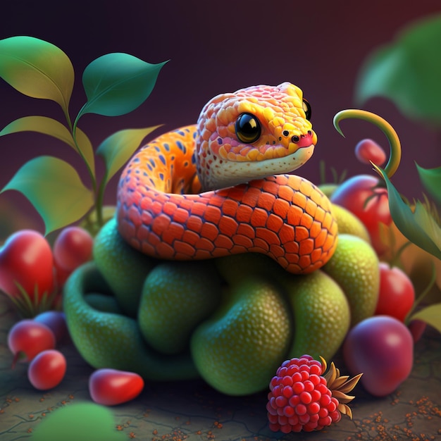 Wąż z pomarańczowymi i niebieskimi plamami siedzi na stosie owoców.