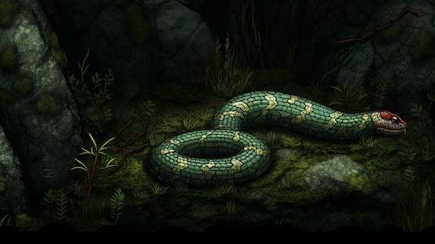 Wąż z zieloną głową i zieloną głową leży na skale.