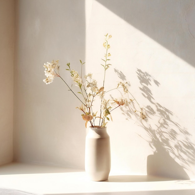 Waza z suszonymi kwiatami na białym stole przy ścianie