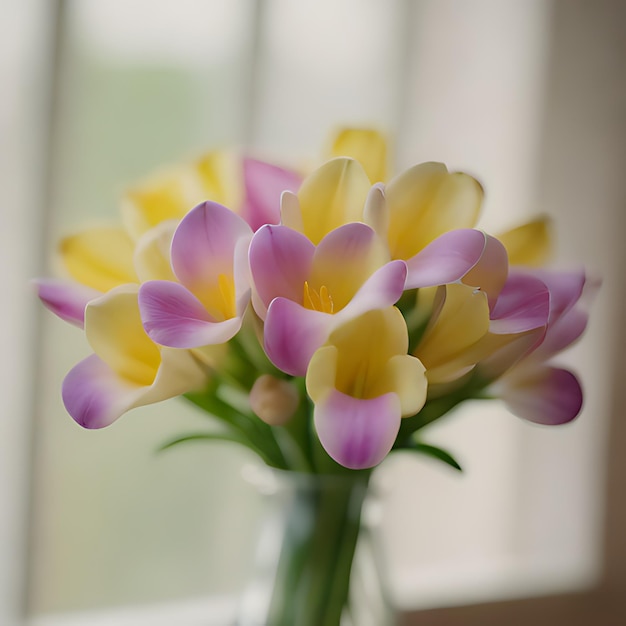 wazon fioletowych i żółtych kwiatów na zielonym tle