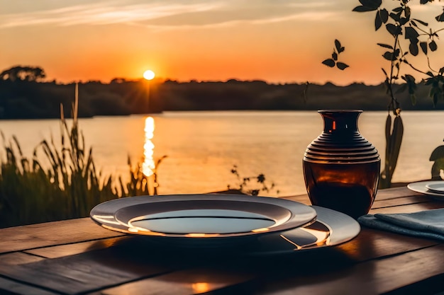 Zdjęcie wazon i kilka talerzy na stole z zachodem słońca w tle