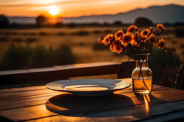 Zdjęcie wazon i kilka talerzy na stole z zachodem słońca w tle