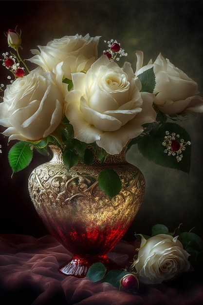 Wazon wypełniony białymi różami siedzącymi na stole generatywnym ai