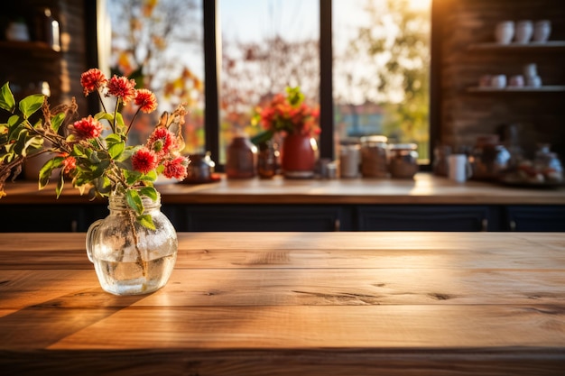 Wazon wypełniony czerwonymi kwiatami na drewnianym stole Generatywna sztuczna inteligencja