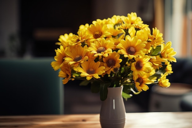Wazon wypełniony żółtymi kwiatami ustawiony na stole. Idealny do wystroju domu lub kompozycji kwiatowych