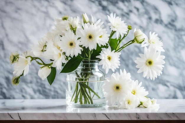 Zdjęcie wazon z białymi kwiatami i zielonymi liśćmi przed marmurowym licznikiem