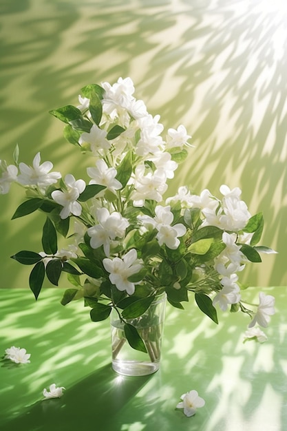 Wazon z białymi kwiatami stoi na stole, a za nim zielona ściana.