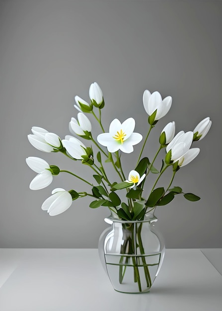 Wazon z białymi kwiatami z zielonymi liśćmi