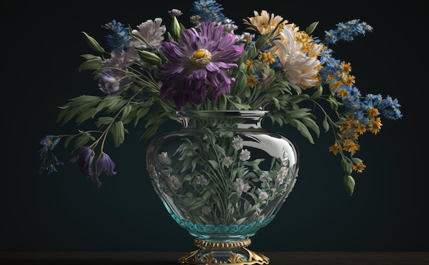 Wazon z bukietem kwiatów na stole w salonie wygenerowany przez AI