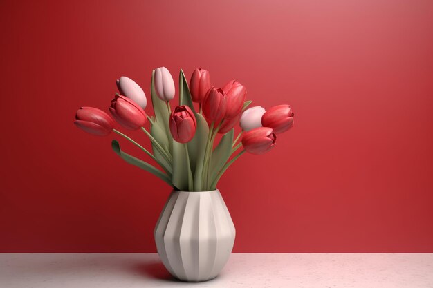 Wazon z czerwonymi tulipanami stoi na stole z czerwonym tłem.