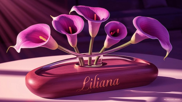 Zdjęcie wazon z fioletowymi kwiatami i słowem lanta