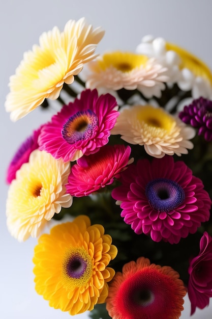 Wazon z kolorowymi kwiatami z żółtym i fioletowym środkiem.