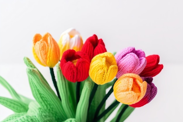 Wazon z kolorowymi tulipanami z jednym z kwiatów pośrodku.