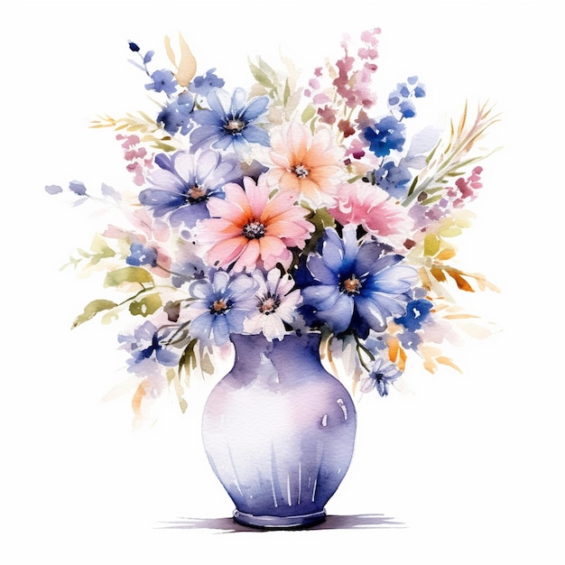 Wazon z kwiatami jest pomalowany na niebiesko-różową kolorystykę.