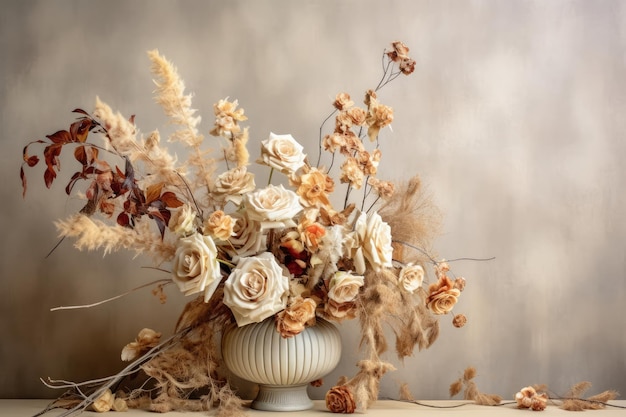 Wazon z kwiatami na brązowym tle i biały wazon z kwiatami.