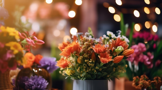 Wazon z kwiatami stoi na stole z białym tłem oraz kolorem żółtym i pomarańczowym