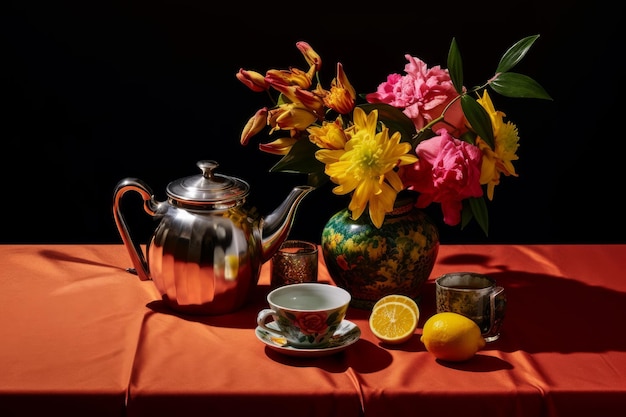 Wazon z kwiatami stoi na stole z czajnikiem i czajnikiem z cytryną.