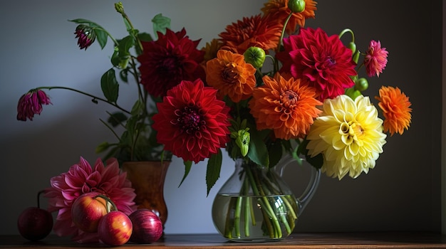 Zdjęcie wazon z kwiatami stoi na stole z jabłkami.