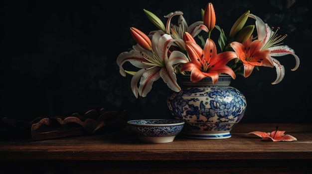 Wazon z kwiatami stoi na stole z miską w stylu chińskim.