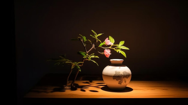 Wazon z kwiatami stoi na stole z zapaloną lampką.