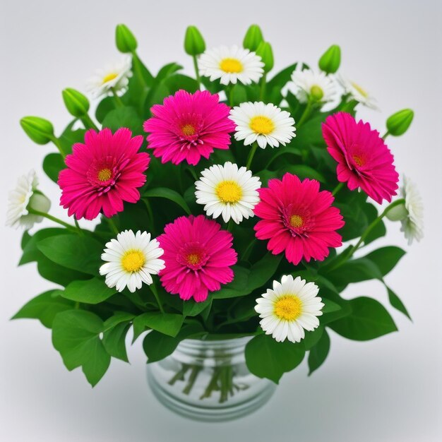 Wazon z kwiatami wypełniony jest zielonymi liśćmi oraz białą i różową stokrotką.