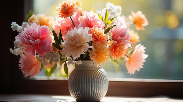 wazon z pięknymi kwiatami i pięknymi tulipanami w pobliżu okna we wnętrzu pokoju