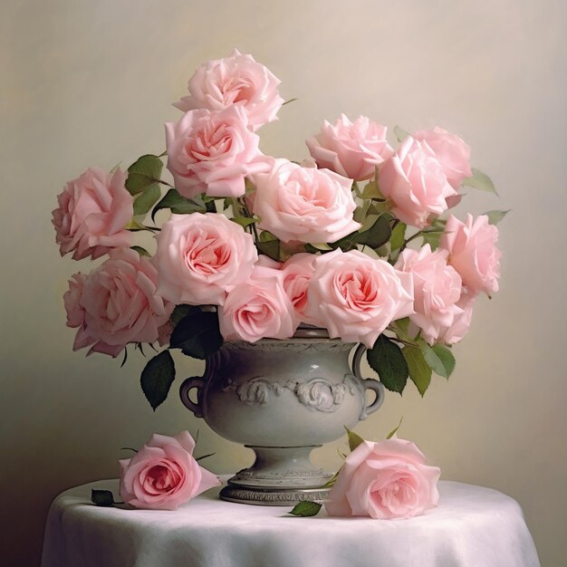 wazon z różowymi różami na stole z białą szmatą.