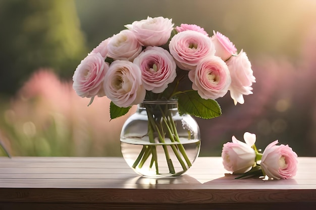 Wazon z różowymi różami ze słońcem świecącym w tle.