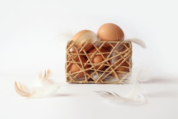 Wazon z siatki z kurzymi jajami i jasnymi piórami na białym tle widok z boku