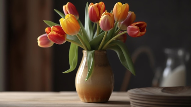Wazon z tulipanami stoi na stole ze stosem talerzy na stole.