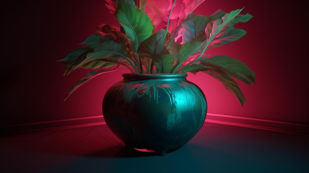 Wazon z zieloną rośliną, który znajduje się przed czerwonym i różowym światłem.