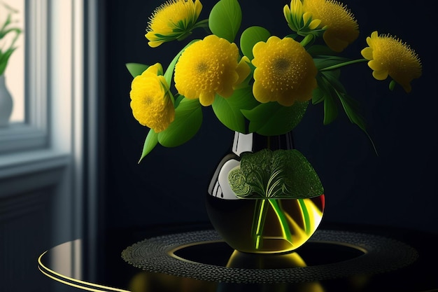 Wazon z żółtymi kwiatami stoi na stole z zielonym i żółtym wazonem.