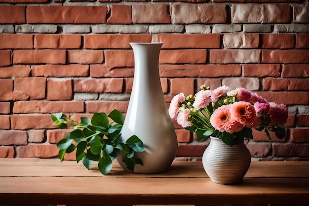 Wazony na stole z kwiatami i ceglaną ścianą za nimi.