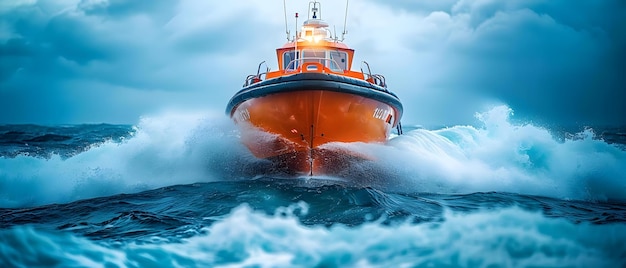 Wbrew burzy bohaterska łódź ratunkowa na morzu Koncepcja Przygoda Fotografia Burzliwe morza Odważne ratownictwo Dramatyczne widoki na ocean Krajobrazy morskie
